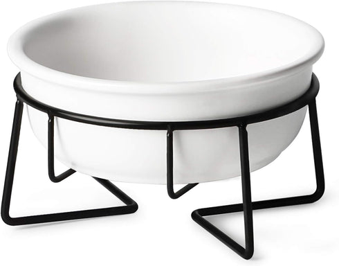 Ceramic Raised Cat Dishes or Small Dog Bowl with Metal Stand 12 Ounces, Pet Food or Water Bowls, White...