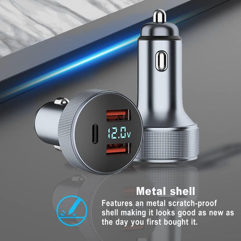 72W USB C Car Charger, 3 Ports 12V USB Charger Dual QC3.0 and 36W PD Metal Mini Fast Car Charger Adapter with LED Voltmeter for 12V~24V Vehicles (...