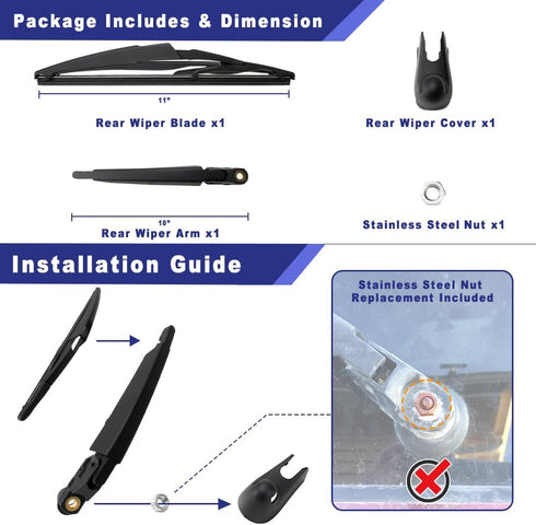 Rear Windshield Wiper Arm Blade Assembly Kit Compatible with 2007-2013 Mini Cooper R56 Hatch 3-Door, 2009-2015 Mini Cooper John Cooper Works, Rear...