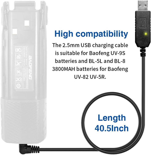 BaoFeng 2.5mm USB Charger Cable with Indicator Light UV-5R AR-152 UV-82 3800mAh Battery UV-S9/9S Two Way Radio (1)...