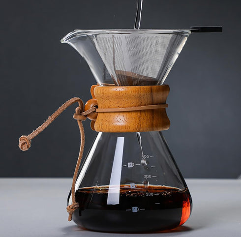 Pour Over Coffee Maker with Reusable Stainless Steel Drip Filter, Lead-Free Borosilicate Glass Coffee Carafe with Modern Wooden Collar for 1-2Cup,...