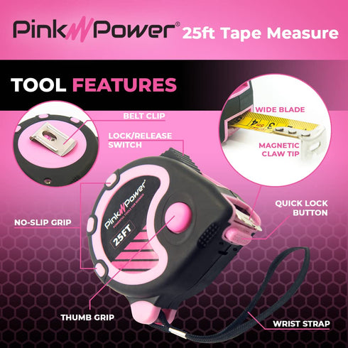 Pink Power 25ft Pink Tape Measure - Pink Measuring Tape Measure for Womens Tool Kit with Retractable Blade and Lock Button - Girls Tape Measure fo...