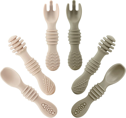 PandaEar Silicone Baby Spoons & Fork Feeding Set (6 Pack) | BPA Free Fist Stage Silicone Self Feeding Utensils for Infant Baby Led Weaning Ages 6 ...