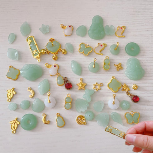 50Pcs Inlaid Alloy Imitation Jade Beads Accessories for DIY Jewelry Crafts Making,Assorted Shaped Spacer Charms Beads with Hole for DIY Necklace B...