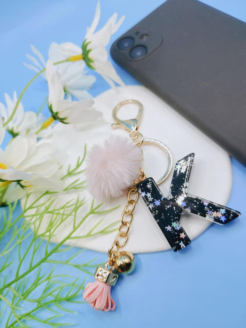 Black Alphabet Initial Letter Keychain Star Pink Tassel Charm with Fur Ball Pom Pendant Keyring for Purse Keys...