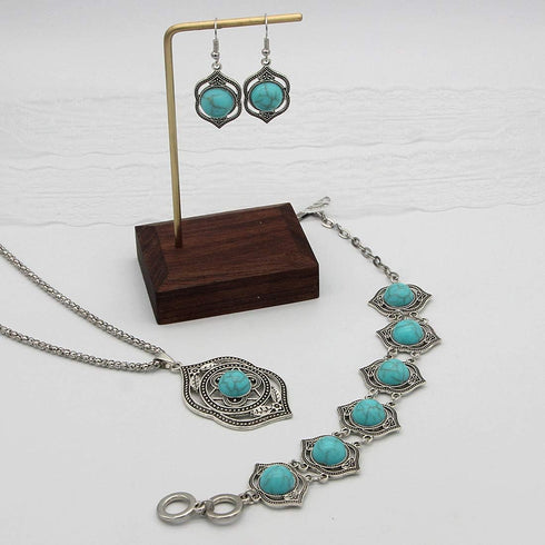 Pingyongchang Bohemian Turquoise Jewelry Sets for Women Turquoise Pendant Necklace, Vintage Turquoise Dangle Earrings,Retro Turquoise Collar Neckl...