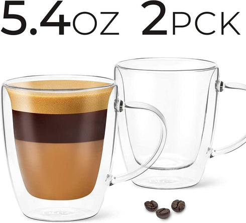 DLux Lungo 5.4oz Coffee Cups Double Wall, Clear Glass set of 2 Glasses with Handles, Insulated Borosilicate Glassware Tea Cup...