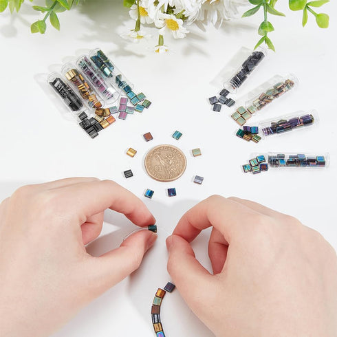 NBEADS about 208 Pcs Metallic Tila Beads Kit, 8 Colors 5 * 5mm Glass Seed Beads Kit Including Elastic Thread and Stainless Steel Beading Needles f...