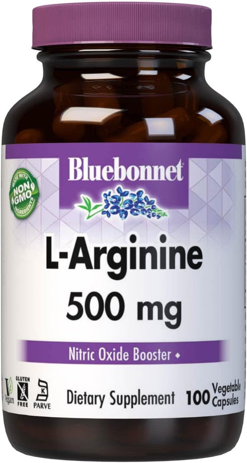 Bluebonnet Nutrition L-Arginine 500mg, Free-Form Amino Acid, Nitric Oxide Precursor*, Soy-Free, Gluten-Free, Non-GMO, Kosher Certified, Vegan, 100...