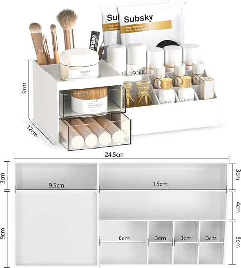 Subsky Makeup Organizer with Drawers, Easy Storage for Beauty Products Brushes, Multifunction Plastic Desk Organizer, Cosmetics Organizer for Coun...