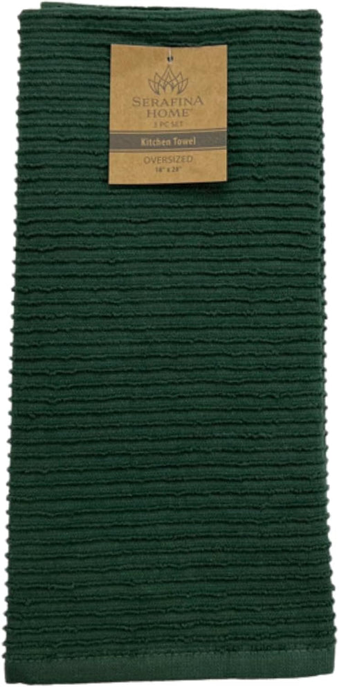 Dark Green Kitchen Hand Dish Towels: 100% Cotton Cloth Soft Cleaning Drying Absorbent Ribbed Terry Loop, Set of 3 Multipurpose for Everyday Use Ov...