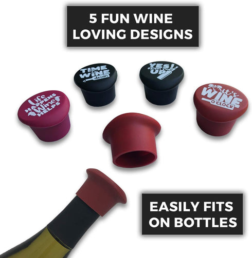 Funny Wine Stoppers Set of 5 - Silicone Wine Bottle Stopper With Gift Box - Cute Christmas Wine Gift for Friends...