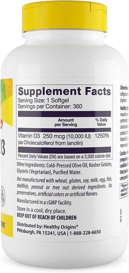 Healthy Origins Vitamin D3 10,000 IU (Non-GMO, High Potency, Bone Support, Immune Support, Gluten Free), 360 Softgels...