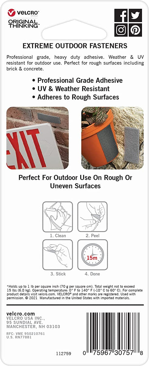 VELCRO Brand Industrial Strength Fasteners | Extreme Outdoor Weather Conditions | Heavy Duty Strength Holds up to 15 lbs | 4 x 2 inch Strips, 3 Se...