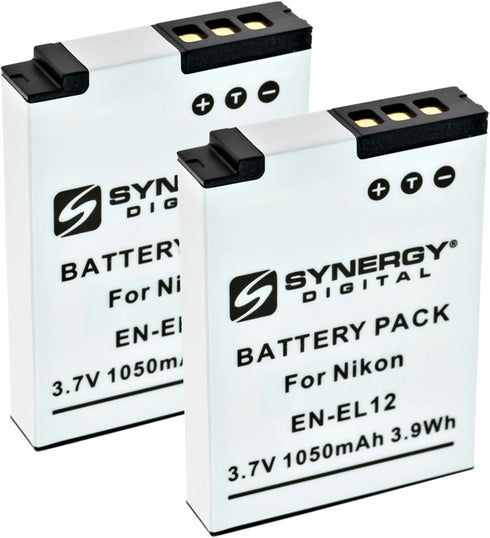 Synergy Digital Digital Camera Batteries, Compatible with Nikon EN-EL12, ENEL12, 25780 Digital Camera Batteries (Li-Ion, 3.7V, 1050 mAh), Set of 2...