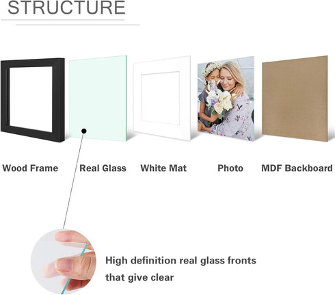 Golden State Art, 6x6 Square Picture Frame - Solid Wood with Real Glass - Display Picture 4x4 with Mat or 6x6 without Mat - Black Photo Frame for ...
