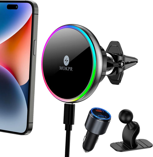 MOKPR for Magsafe Car Mount Charger-Wireless Car Charger-Magnetic Car Phone Holder for Dash Air Vent-LED RGB HandsFree Car Mount Fast Car Charger ...