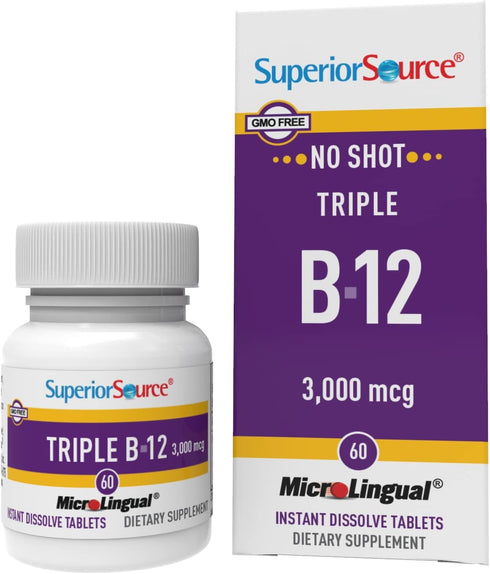 Superior Source No Shot Triple B12 3000 mcg, Quick Dissolve MicroLingual Tablets, 60 Ct, Methylcobalamin, Adenosylcobalamin & Cyanocobalamin, Cogn...