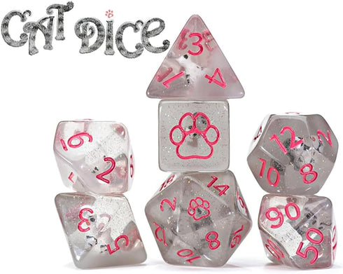 Gate Keeper Games and Dice: Inclusion Dice: Cat Dice - 7pc RPG Set, Grey w/ White Kitten Figure, Pink Numerals, 7 Resin Dice for Role Playing Game...