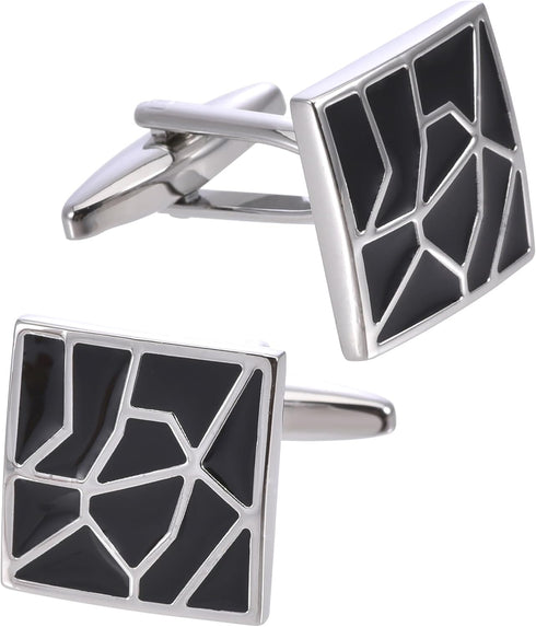 Square Classic Black Cufflinks for Men Lady In Gift Case Silver Tone Irregular Geometric Pattern Men's Cufflinks Jewelry for Wedding Anniversary B...