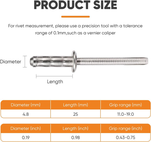3/16" x 1" 304 Stainless Steel Double-Drum Blind Rivets - Round Head, Pull Nail Drum Type - Ideal for Home Renovation, Auto Repair - Multi-Drum Ha...
