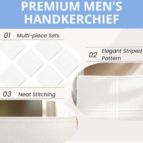 12 Pack Men's Handkerchiefs White Handkerchiefs for Men Solid Color Mens Hankies Gents Hankerchieves with Stripe for Wedding Party...