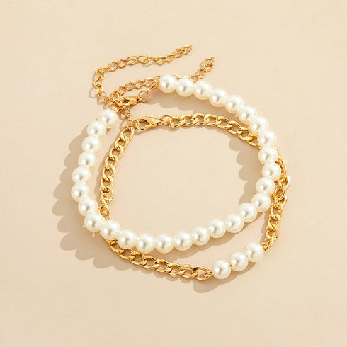 Layered Pearl Anklet Bracelet Boho Gold Beads Anklet Ankle Chain Pearl Satellite Chain Foot Chain Beach Layered Charm Anklet 2Pcs Set Foot Jewelry...
