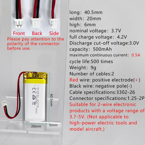 DC 3.7V 500mAh 602040 Rechargeable Lithium Polymer Battery, Suitable for DIY 3.7-5V Electronic Products with Built-in 2-Wire Battery Replacement a...