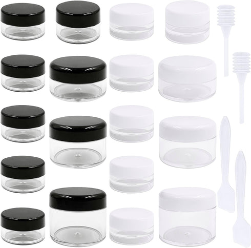 18 Pcs Makeup Travel Containers with Lids 3/5/10/15/ 20 Gram Size Cosmetic Jars with 4 Pcs Mini Spatulas and Dropper, Round Clear Wide-mouth Leak ...
