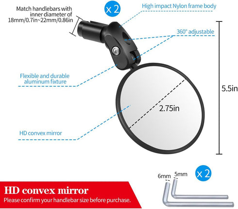 Handlebar Bike Mirror, 2pcs Bicycle Rearview Mirror Set, HD Safety Bike Rear View Mirror, Adjustable Handlebar Mounted Convex Mirror with Allen Wr...