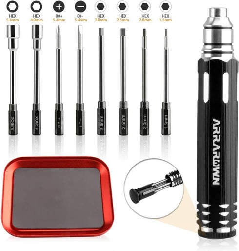 10 in 1 RC Model Repair Tools Kit with 1.5/2.0/2.5/3.0/4.0/5.5mm Hex Screwdrivers Wrench Phillips & Slotted Screwdriver, Metal Tray for RC Cars He...