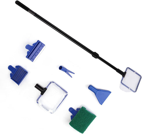 Fish Tank Cleaning Tools, 5 in 1 Cleaning Tool Kit, Aquarium Clean Set,Fish Net Gravel Rake Algae Scraper Fork Sponge Brush Glass Cleaner Tools Ki...