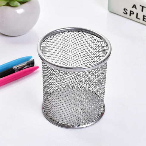 AKOAK 1 Count Desktop Pen Holder, Creative Grid Metal Pen Holder, Round Desktop Accessory and Workspace Organizer for Home, School and Office (Sil...
