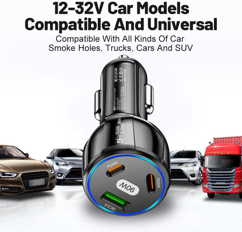 3-Port Car Charger Adapter, 90W PD &QC3.0 Fast Charging Car Cigarette Lighter USB Charger, Car Phone Charger for iPhone/Android/Samsung Galaxy S10...