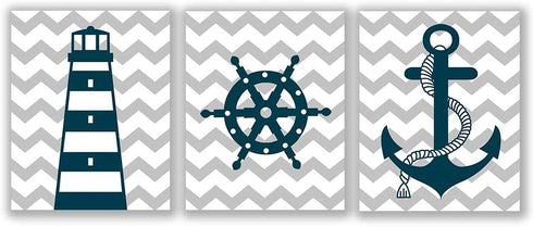 HPNIUB Blue Nautical Art Print Set Of 3 (8”X10”) Lighthouse Steering Wheel Anchor Navigation Print For Baby Boy, Nautical Themed Canvas Wall Art, ...