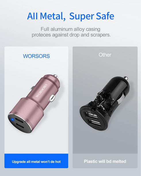 Dual USB C Car Charger, 60W PD (30W + 30W) Super Fast Charging Adapter Metal for iPhone 15 Pro Max, Samsung Galaxy S24 Ultra/S24 Plus/S24/S23/22+/...