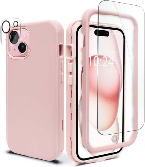 Coolwee Full Body Protective Hybrid 3 in 1 Rugged for iPhone 15 Coral Pink Case - 6.1 inch, Heavy Duty Shockproof for Women with Camera & Screen P...