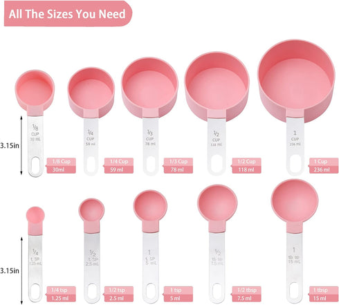 Measuring Cups and Spoons Set of Huygens Kitchen Gadgets 10 Pieces, Stackable Stainless Steel Handle Measuring Cups for Measuring Dry and Liquid I...