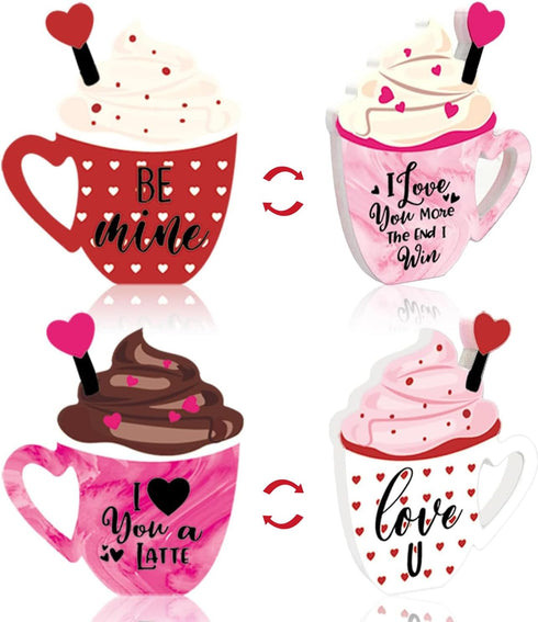 2 Pieces Valentines Day Wooden Coffee Sign Double Side Coffee Cup Table Sign Drinks Tabletop Decoration for Valentines Day Holidays Wed...