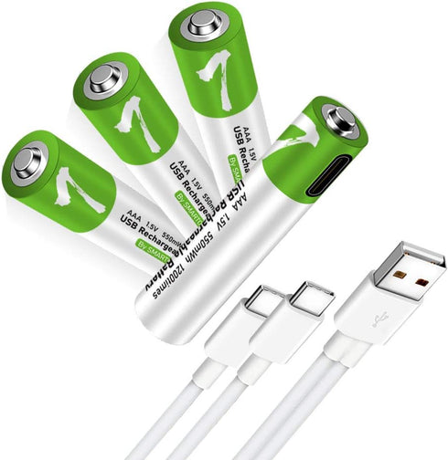 Rechargeable AAA Batteries 1.5V 550mWh USB Lithium ion Rechargeable AAA Battery with USB Type C Charging Cable, High Capacity Fast Charge, 1200 Cy...