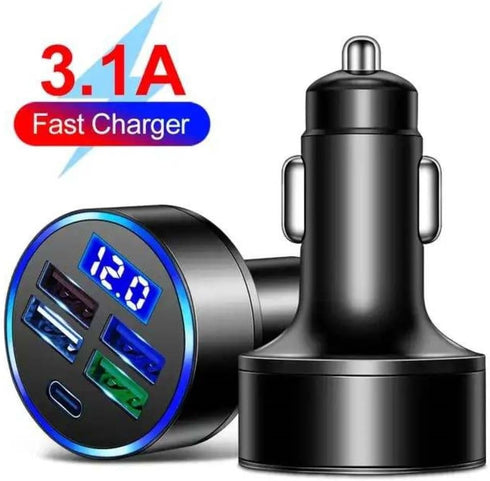 5 Port Car Charger Cigarette Lighter USB Charger LED Voltage Monitor (4USB+PD) Cigarette Lighter Adapter USB C Compatible with Android/iPhone and ...