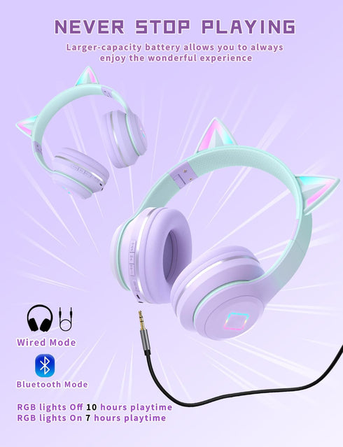 Kids Bluetooth Headphones,Cat Ear LED Light Child Wireless Headphones with Mic,Adjustable Headband,TF Card,Foldable Bluetooth Stereo Over-Ear Kids...