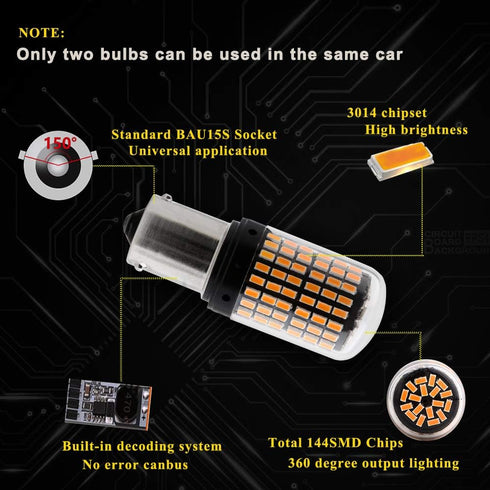 YM E-Bright 1156 BAU15S 150 degree PY21W 7507 Turn Signal Led Bulb, No Hyper Flash, Front Rear light, 3014 Chipset 144SMD 2800 Lumen, Canbus Error...