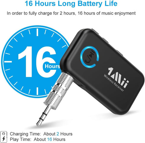 1Mii Bluetooth 5.0 Music Receiver for Car/Home Stereo, Aux Bluetooth Adapter for Car with Volume Control Supports Hands Free Calls, 16H Battery Li...