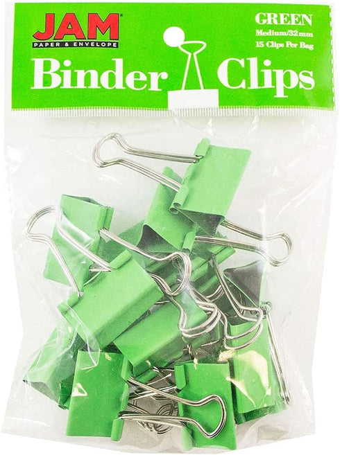 JAM PAPER Colorful Binder Clips - Medium - 1 1/4 Inch (32 mm) - Green Binderclips - 15/Pack...