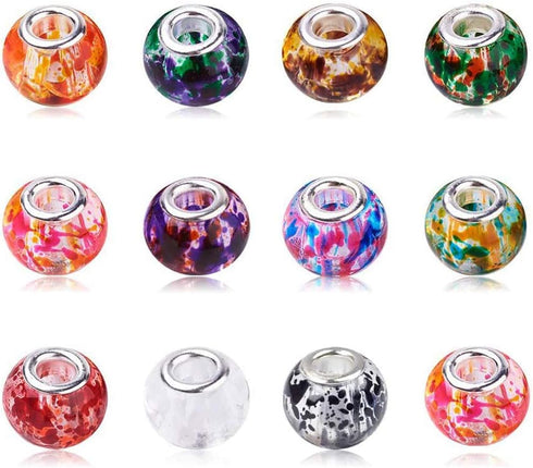 AIPRIDY 100Pcs 15x11mm Painting Murano Large Hole Glass Beads Mix Color with Silver Brass Cores European Charm fit Bracelet Necklace (Paint Splatt...