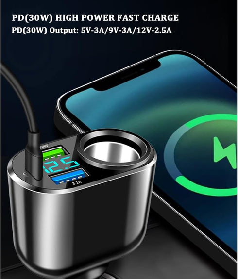 4 Ports Fast Car Charger Cigarette Lighter Splitter with LED Voltmeter,QC3.0+PD 30W for Most Phones GPS Dash Cam,Universal 12V/24V Cigarette Light...