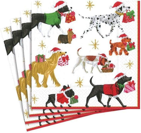 Caspari Christmas Delivery Paper Cocktail Napkins in White - Four Packs of 20...
