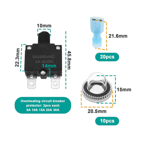 Create idea 10Pcs 5 Sizes Thermal Circuit Breaker with Quick Connect Terminals and Button Caps Assortment Kit Push Button Manual Reset for Switch ...