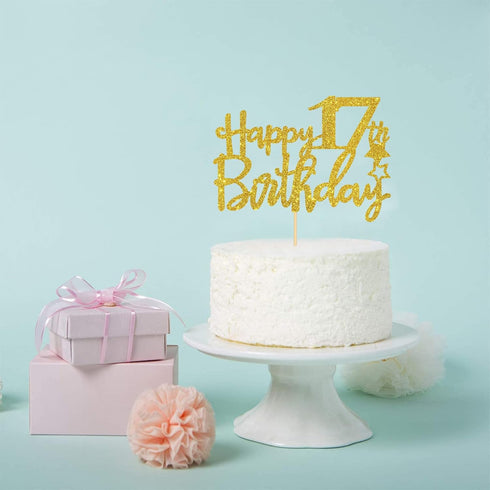 Gold Glitter Happy 17th Birthday Cake Topper - 17 Cake Topper - 17th Birthday Party Supplies - 17th Birthday Party Decorations...